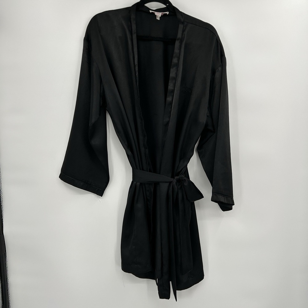 Vintage Oscar De La Renta Pink Label Black Satin Robe Size L Belted Lounge 90s